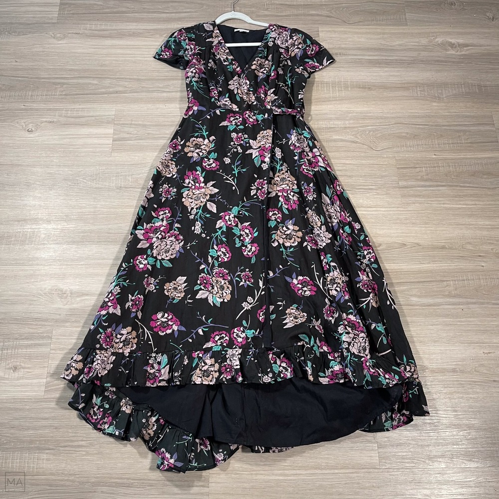 Patrons Of Peace Women's Dress Maxi Floral Asymmetrical‎ Hem Tie Waist M Black
